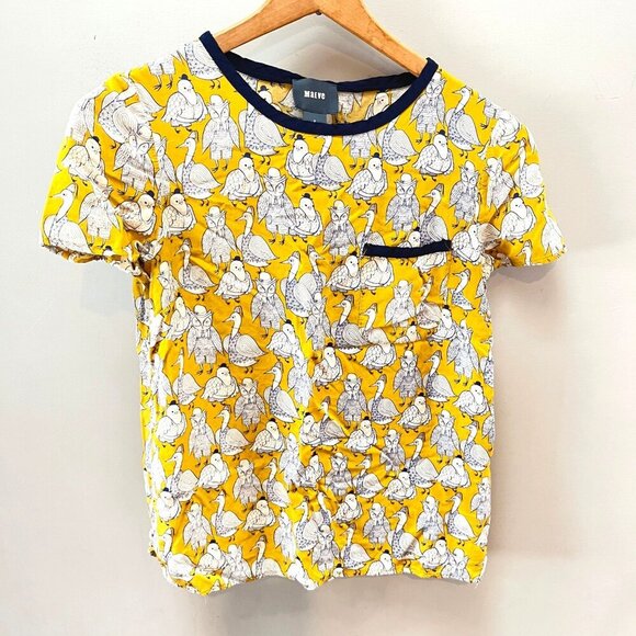 Maeve Womens Yellow & Blue Owl & Bird Print Short Sleeve‎ Top Size 2 - Picture 1 of 4